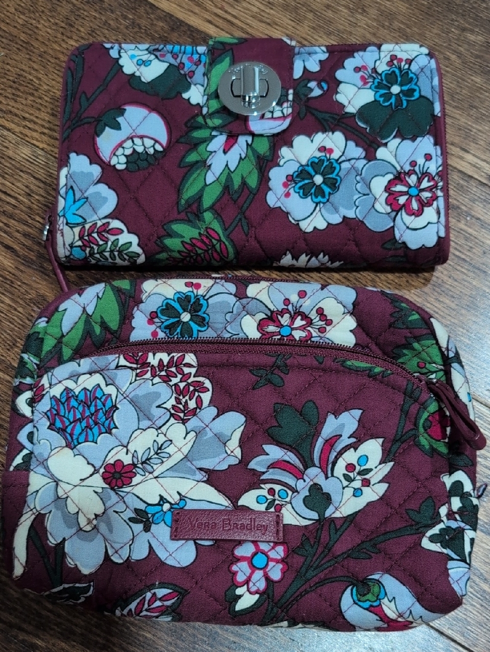 Vera Bradley Burgundy Floral Quilted Wallet and Cosmetic bag